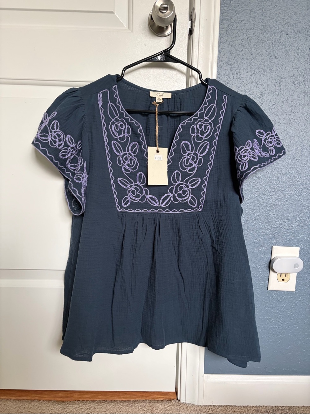 Easel Navy Blouse with Lavender Embroidery
